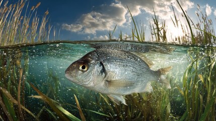 Freshwater fish swimming among aquatic plants during a sunny day near a tranquil pond