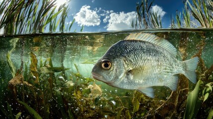 Close-up of fish swimming through aquatic plants in clear water with a bright sky above