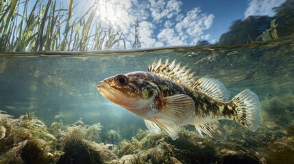 Underwater view of a fish swimming among aquatic plants in a clear lake on a sunny day