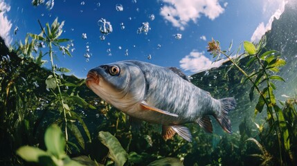 Underwater view of a fish swimming among aquatic plants in clear waters on a sunny day