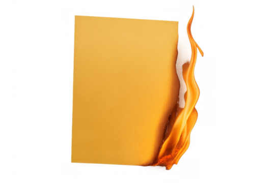 Yellow paper sheet burning with intense orange flames, casting dramatic shadows against transparent backdrop
