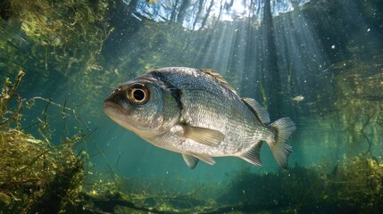 Underwater view of a silver fish swimming in clear water with sun rays penetrating the surface