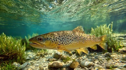 Brown trout swims gracefully underwater in a clear stream surrounded by aquatic plants and pebbles during a bright day