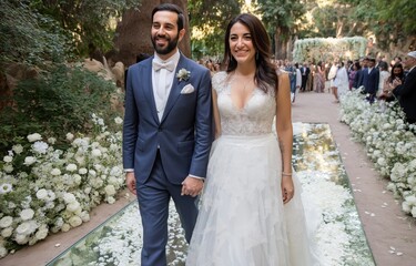 Naklejka premium Couple walks hand in hand through an enchanting mirrored aisle during their heartfelt wedding ceremony reception surrounded by lush greenery