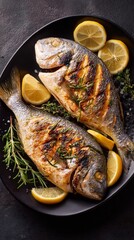 Grilled Fish Served With Fresh Lemon and Herbs on a Black Plate at a Local Restaurant