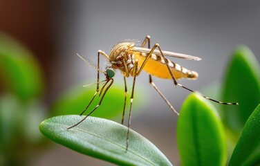 Fototapeta premium Close-up of a mosquito on a green leaf, highlighting details of the insect's anatomy and vibrant colors in a natural environment