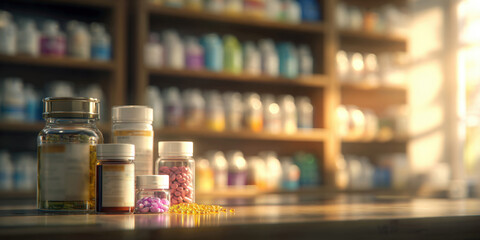 Modern Pharmacy Counter A Variety of Medications and Supplements on Display, Representing Healthcare, Research, and Wellness Solutions for Patients