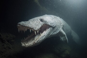 Giant prehistoric predator swims in murky waters of an ancient river system during a deep-sea exploration