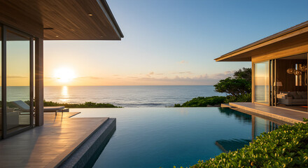 Fototapeta premium Luxurious oceanfront property with infinity pool reflecting the sunrise and serene seascape.