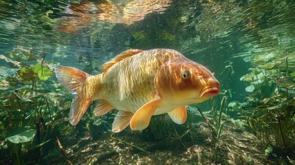 Carp swims gracefully through lush underwater vegetation in a tranquil lake setting