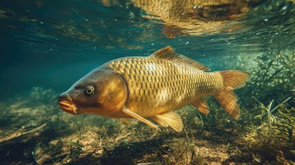 Underwater view of a large fish swimming gracefully in a clear river at midday surrounded by aquatic plants