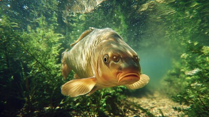 Swimming fish explores aquatic environment filled with greenery and natural light during a peaceful underwater moment