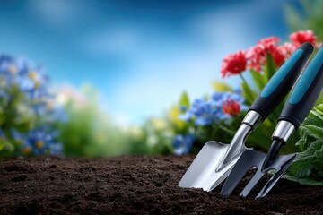 Garden tools, including a trowel and cultivator, lie on dark loamy soil. Colorful flowers bloom in the background under a clear blue sky, capturing the essence of gardening on a sunny day
