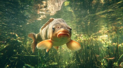 Underwater view of a fish swimming in a lush aquatic environment filled with plants and sunlight