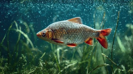 Colorful freshwater fish swimming in clear water surrounded by aquatic plants in a natural habitat
