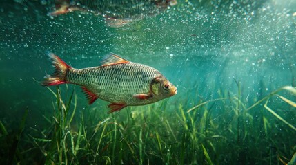 Underwater view of a fish swimming among aquatic vegetation in clear water