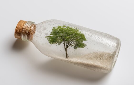 Tree growing within plastic bottle for sustainability