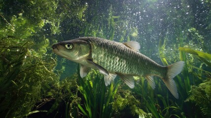 Freshwater fish swims gracefully among aquatic plants in a serene underwater environment