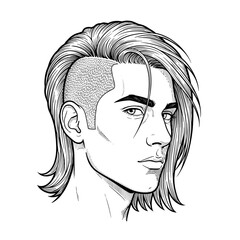 Profile portrait of a man with a long mohawk hairstyle and confident expression, illustrated in black and white for barbershop theme.
