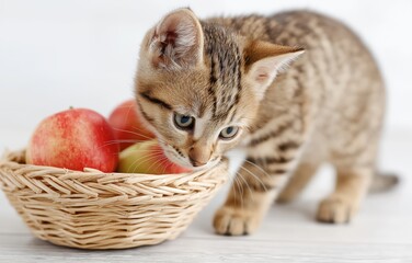 Curious kitten exploring a woven basket filled with fresh apples in minimal lighting