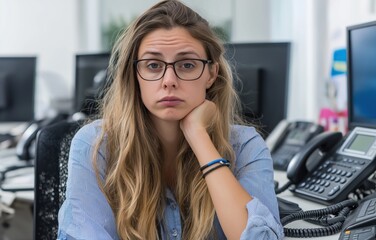 Strained businesswoman in office surrounded by telephones and paperwork