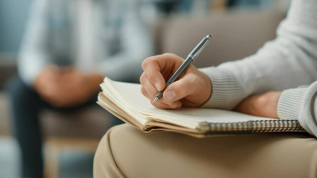 Close-up of a therapist&rsquo;s hand taking notes during a counseling session, with a blurred patient sitting in the background in a calm and professional setting.