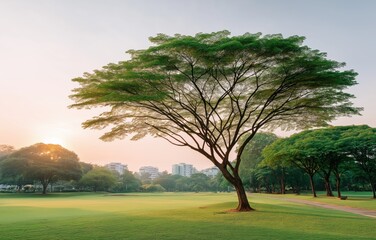 Calm sunset over a golf course showcasing a majestic tree against urban skyline