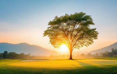 Majestic tree on golf course at sunset, basking in golden light and tranquility