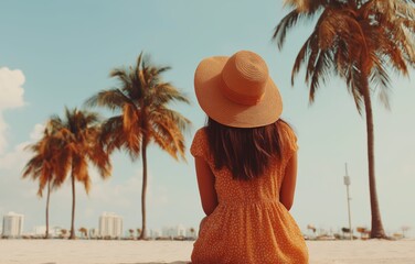 Perfect girl enjoys tranquility on a tropical beach with palm trees and bright blue skies