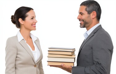 Young entrepreneurs in elegant suits engaging in a book-selling activity