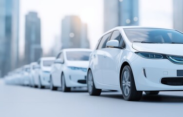 Electric vehicles line up in modern Indian cityscape promoting sustainable urban transport