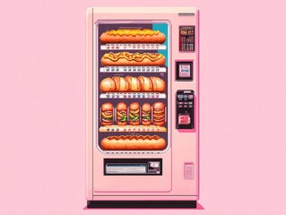 A pink vending machine filled with various sandwiches and hot dogs against a plain pink background.