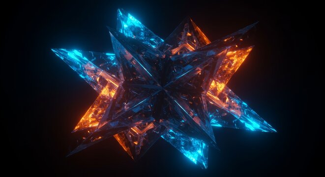 Fototapeta Complex Geometric Structure with Dazzling Blue and Orange Glows on Dark Background