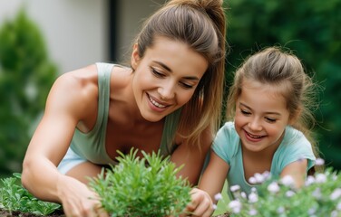 Joyful teamwork as woman cultivates allotment garden with child, sharing smiles
