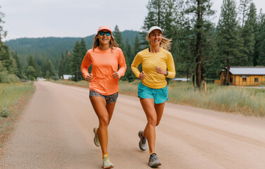 Trail running women embrace joy and fitness in a serene forest setting