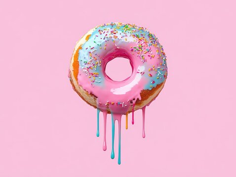 A colorful donut with pastel pink and blue icing drips and rainbow sprinkles against a solid pink background.