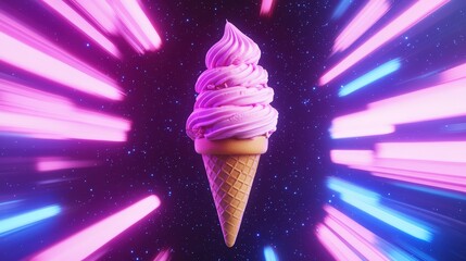 A pink ice cream cone floats against a cosmic starry background with vibrant neon light streaks surrounding it.