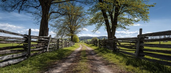Fototapeta premium Serene rural landscape with long dirt country road flanked by rustic wooden fences and tall deciduous trees under blue sky with clouds