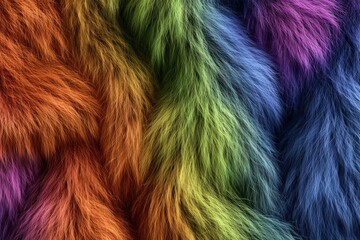 Fototapeta premium Vibrant Multicolored Faux Fur Texture with Soft Fluffy Fibers in Bright Rainbow Hues for Creative Designs and Textile Backgrounds