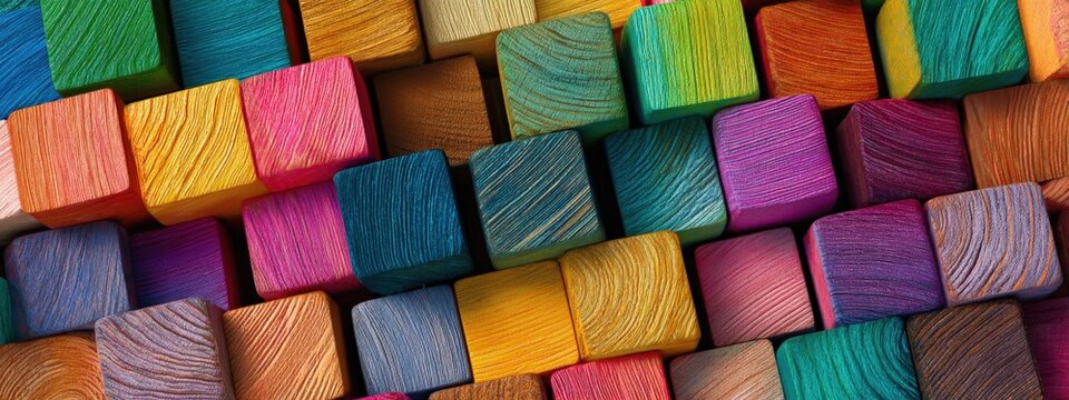 Close-up of colorful wooden blocks arranged in a pattern with various vibrant shades and textures perfectly captured for creative projects