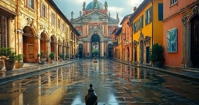 A picturesque view of a European street after the rain with a fountain and a church in the background.