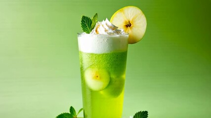 Drinks Ice Cream, Green apple cocktail, Refreshing beverage. Summer delight. Ice melts in sunny weather. Glass frosts on humid day. Drink cools body temperature. - Powered by Adobe