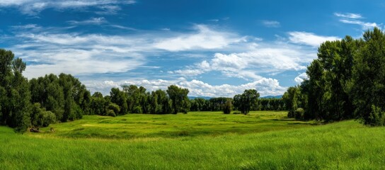 Obraz premium Breathtaking landscape of lush green golf course under vibrant blue sky with scattered fluffy clouds and dense surrounding trees du daytime