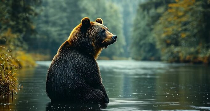 Static shot: A brown bear sits in a river in a forest, observing its surroundings.