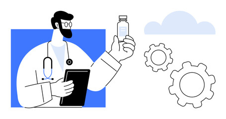 Doctor holding a medicine bottle, referencing medical innovation, technology, progress. Ideal for healthcare, telemedicine, innovation, research, pharmaceutical technology simple landing page