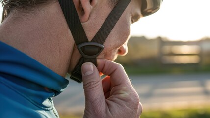 Caucasian male cyclist adjusting helmet strap outdoors in sunset light