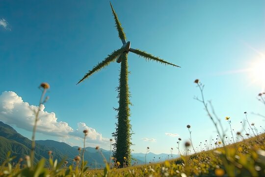 wind turbine on a green field, renewable enery generation