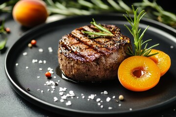 Delicious Grilled Steak Served With Apricots and Rosemary on a Black Plate