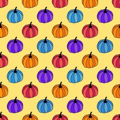 Autumn harvest vegetable seamless monster Halloween pumpkins pattern for wrapping paper and fabrics