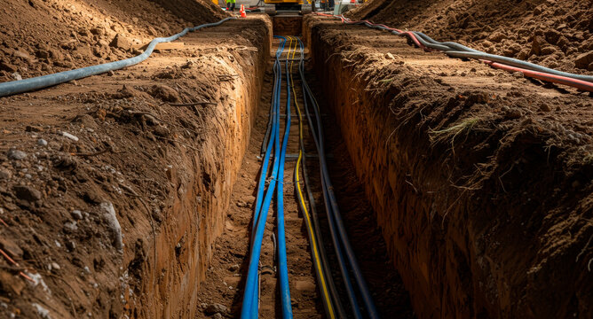 Underground trench with new internet cable installation. Digging a ditch for urban infrastructure and utility lines. Earthwork